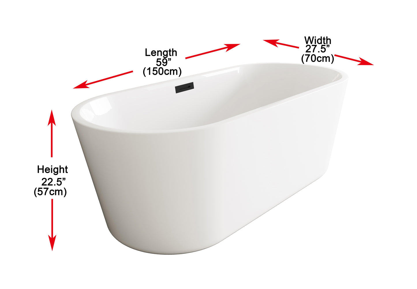 59 inch Soaking Bathtub in Glossy White with Matte Black Trim