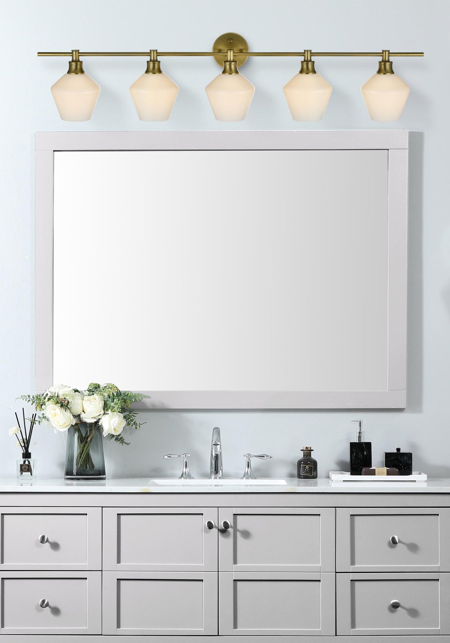 Gene 5 Light Satin Gold and Frosted White Glass Wall Sconce