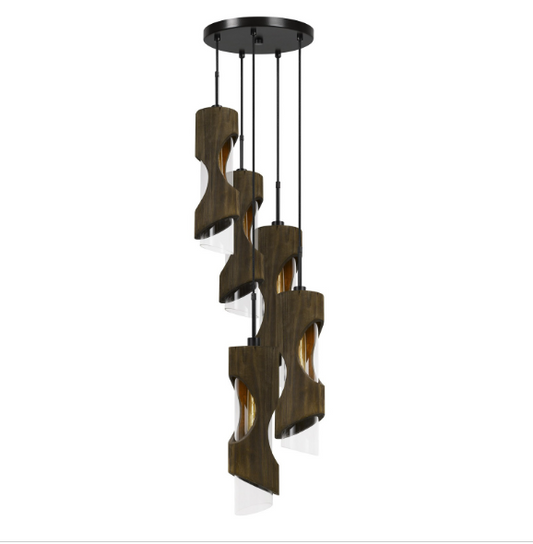 60W X 5 Zamora 5 Light Wood Pendant With Clear Glass Shade