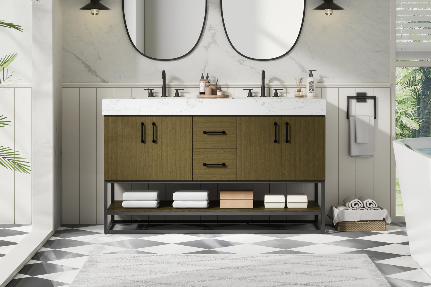 54 inch Double Bathroom Vanity in Chestnut Brown