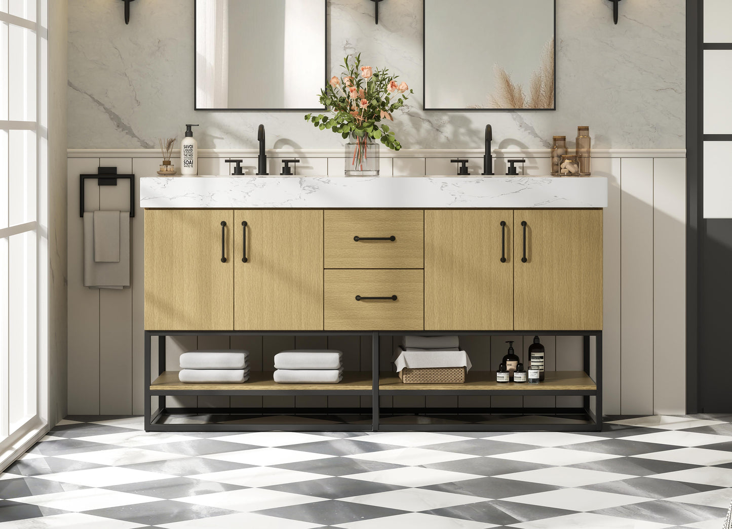 60 inch Double Bathroom Vanity in Honey Brown