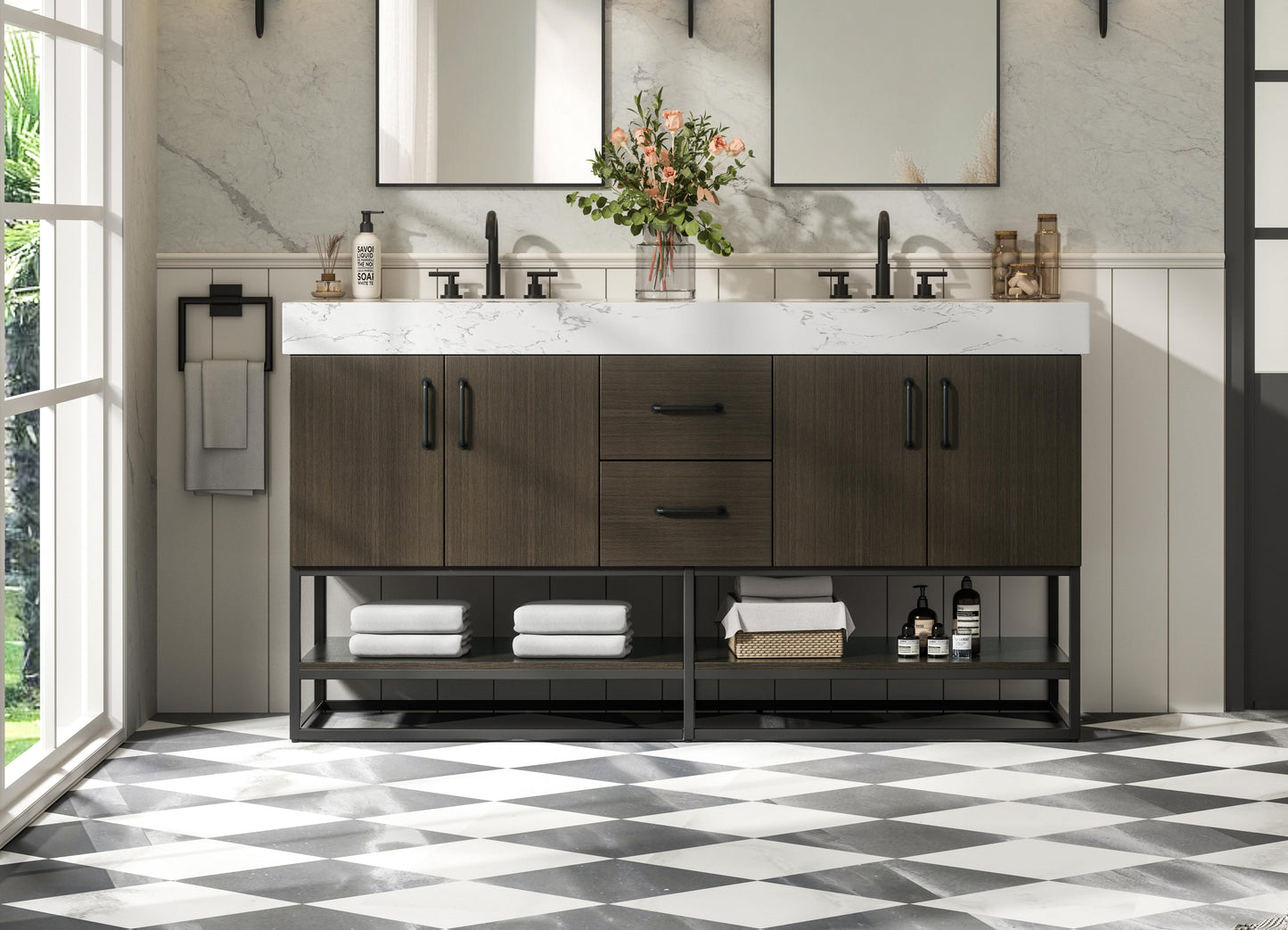 60 inch Double Bathroom Vanity in Mocha Brown