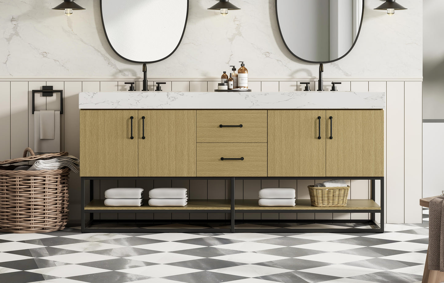 72 inch Double Bathroom Vanity in Honey Brown