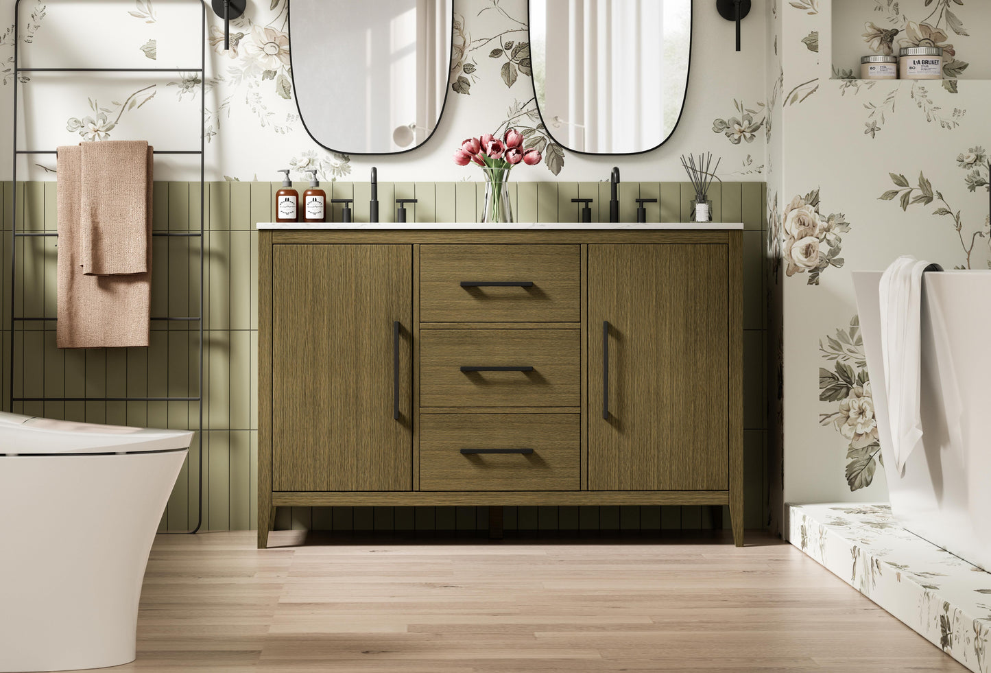 54 Inch Double Bathroom Vanity In Chestnut Brown