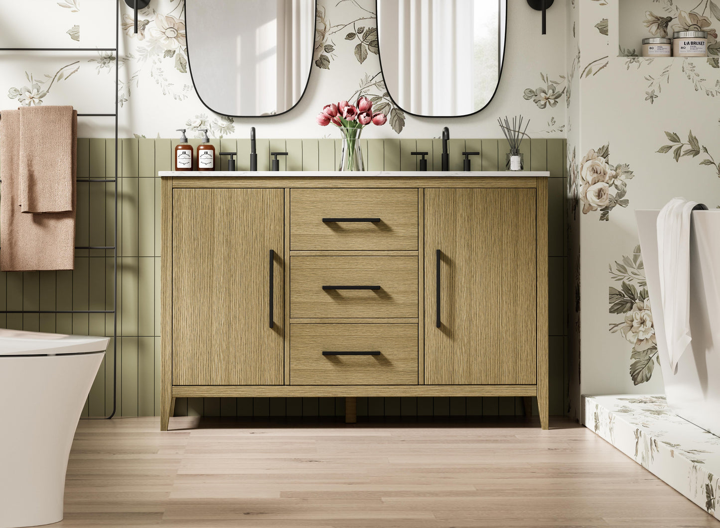 54 Inch Double Bathroom Vanity In Honey Brown