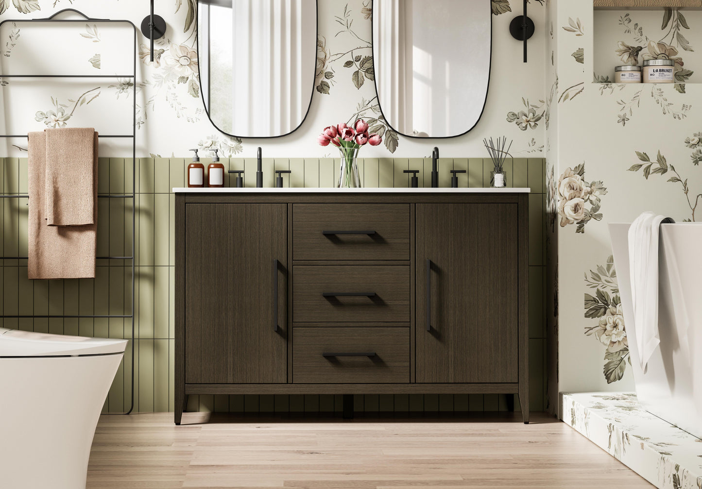 54 Inch Double Bathroom Vanity In Mocha Brown