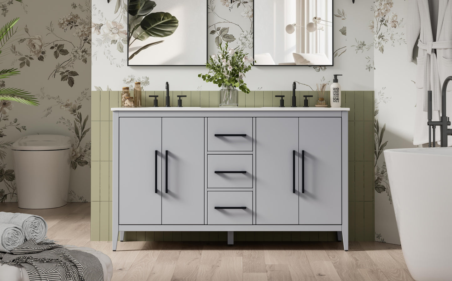 60 Inch Double Bathroom Vanity In Grey