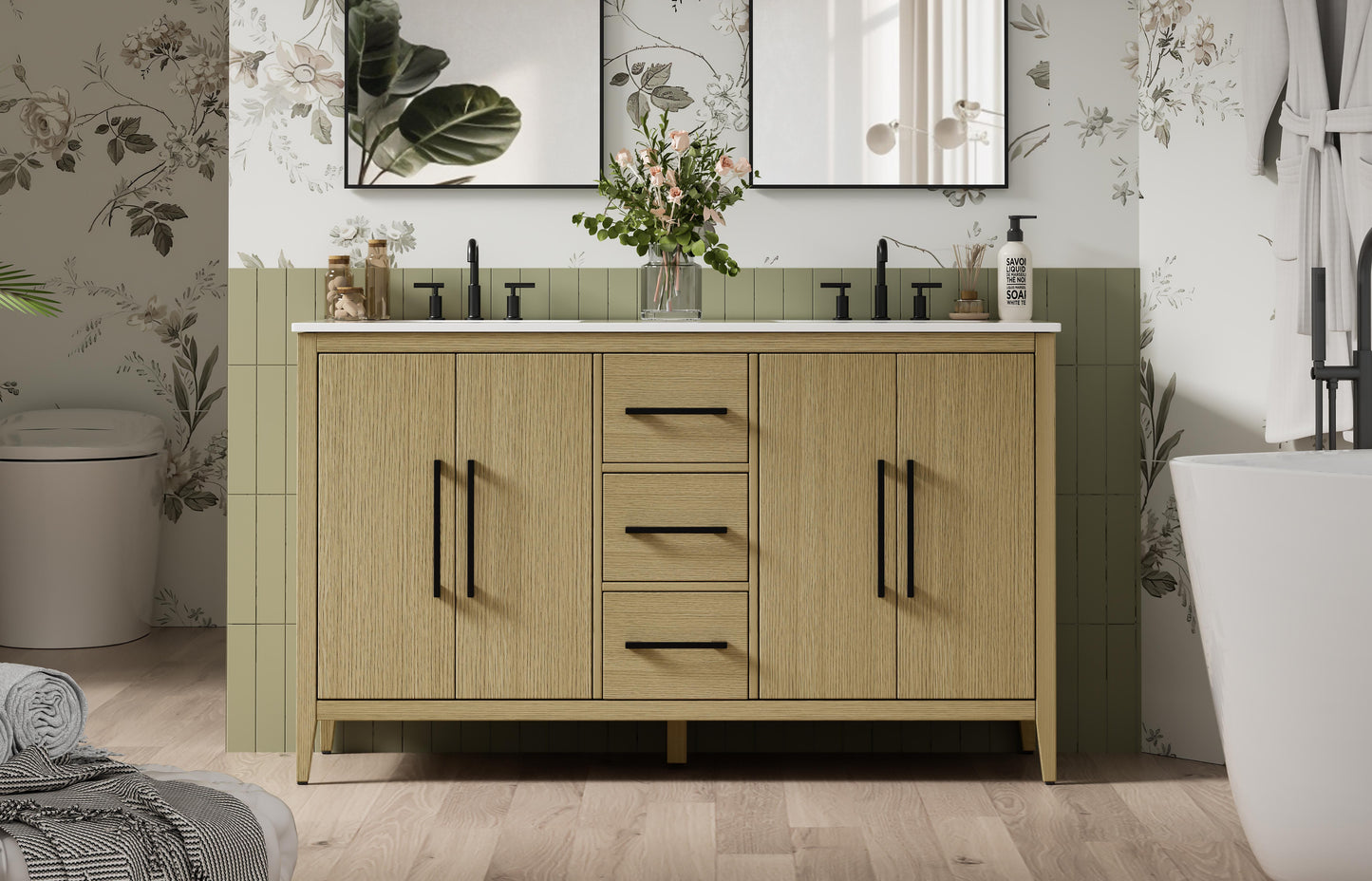 60 Inch Double Bathroom Vanity In Honey Brown