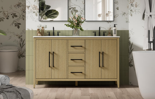 60 Inch Double Bathroom Vanity In Honey Brown