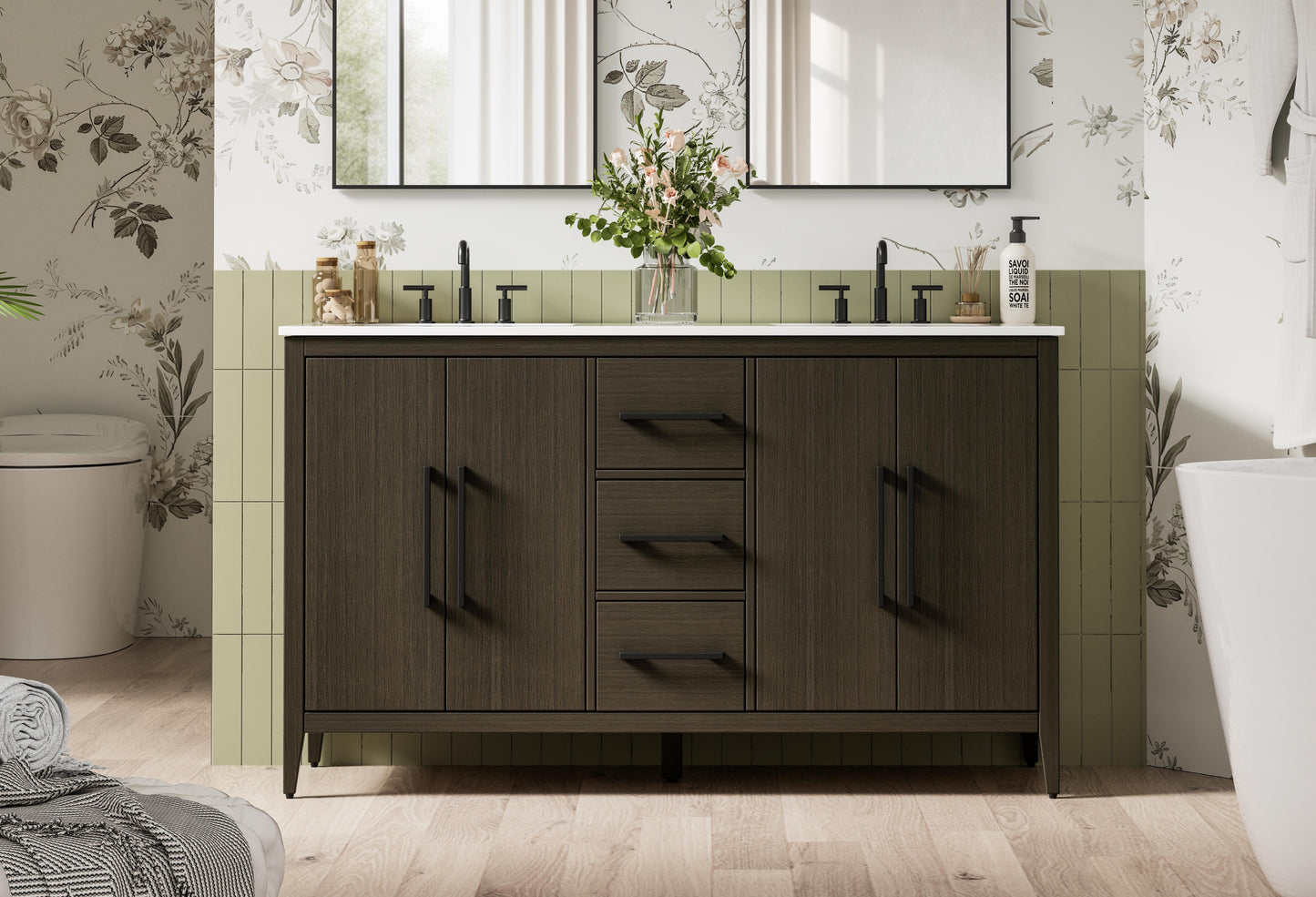 60 Inch Double Bathroom Vanity In Mocha Brown