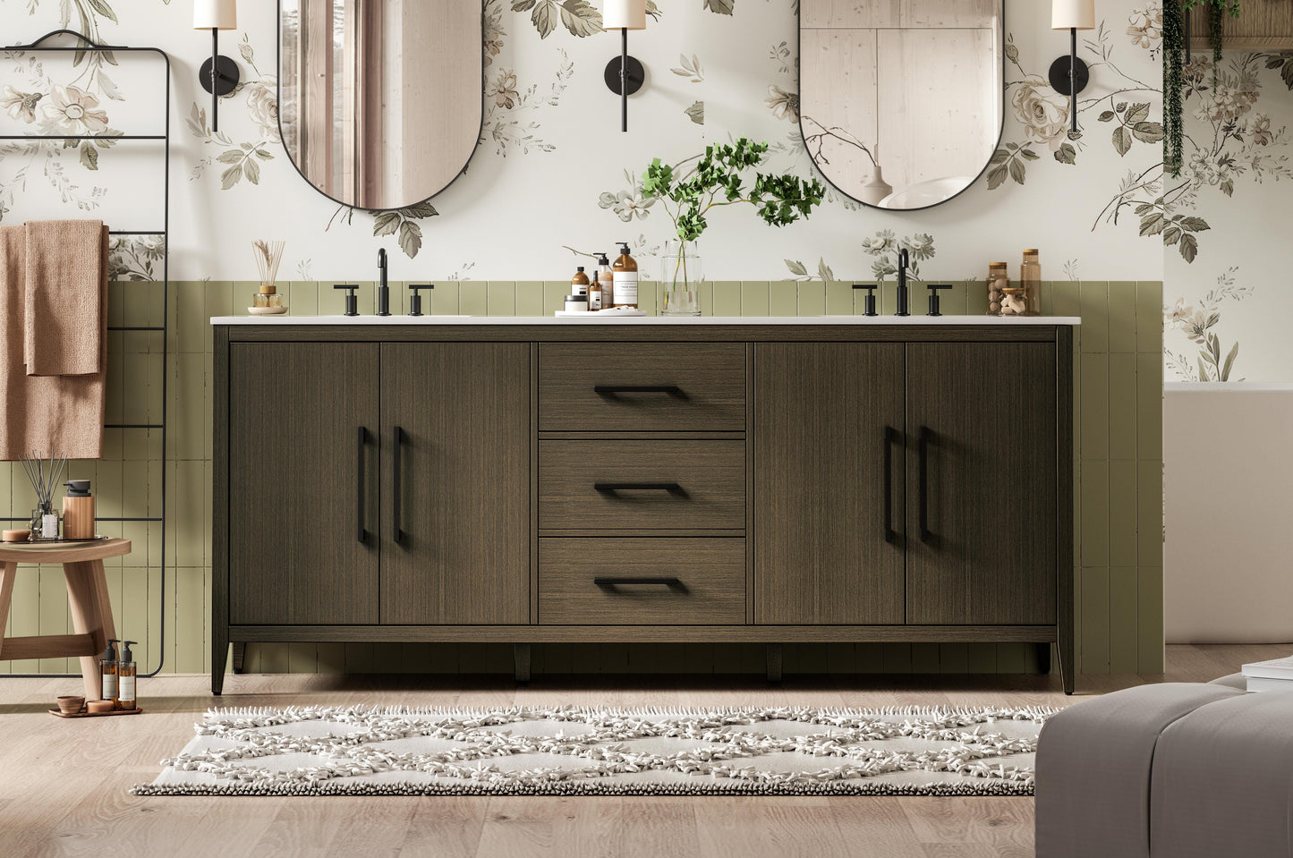 84 Inch Double Bathroom Vanity In Mocha Brown