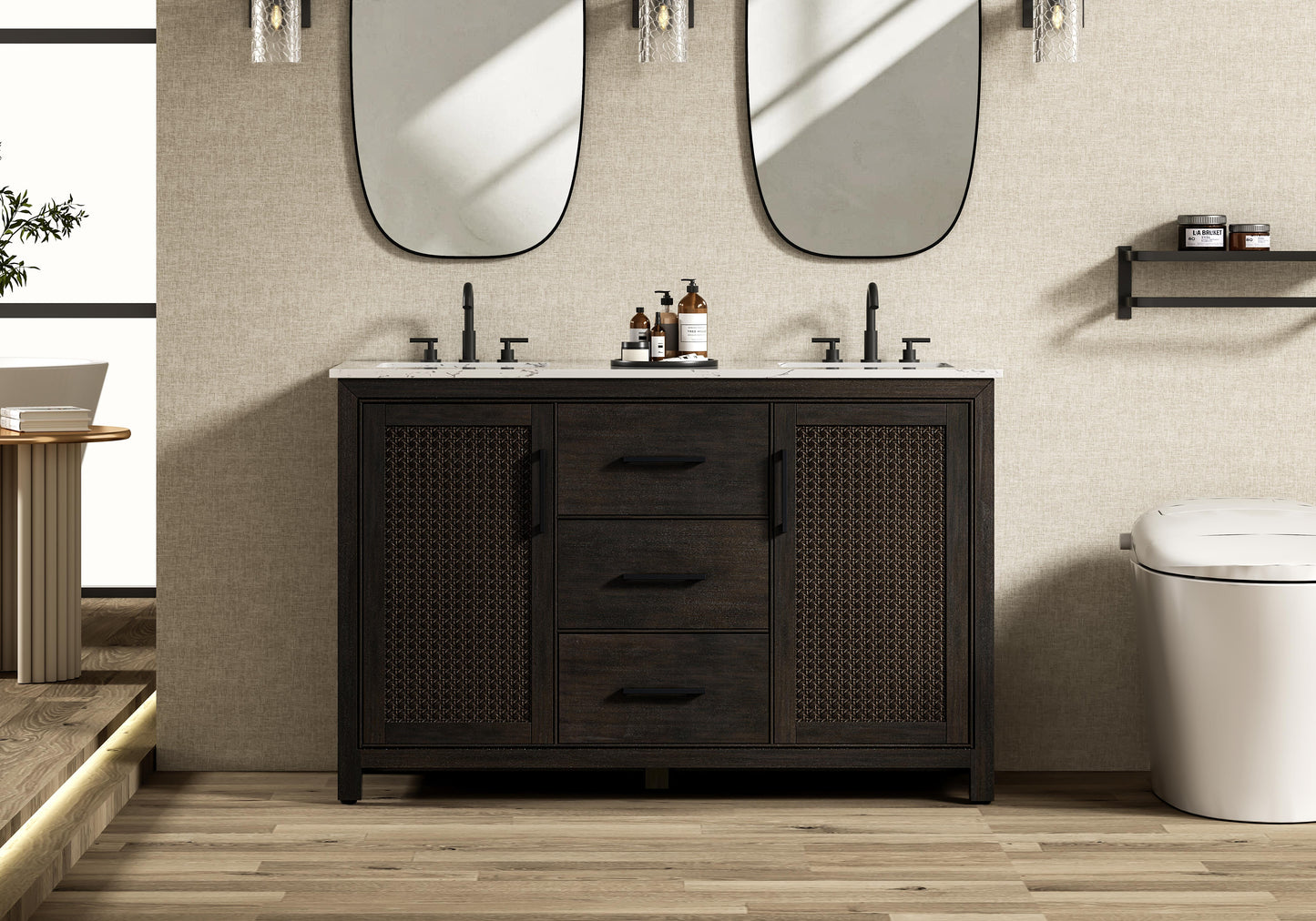 54 Inch Double Bathroom Vanity In Chocolate Oak