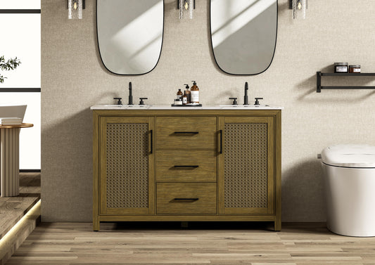 54 Inch Double Bathroom Vanity In Hazel Oak