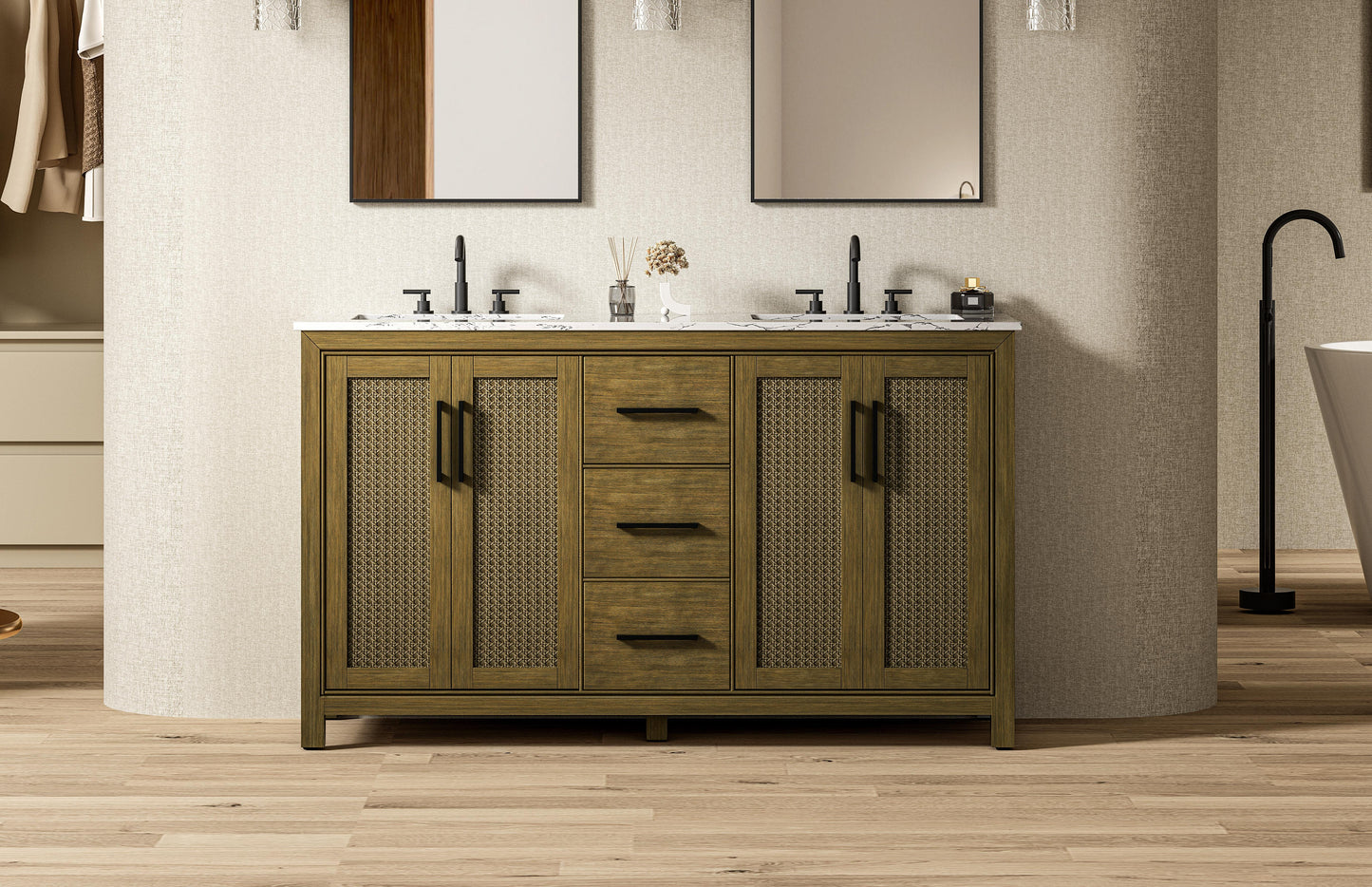 60 Inch Double Bathroom Vanity In Hazel Oak