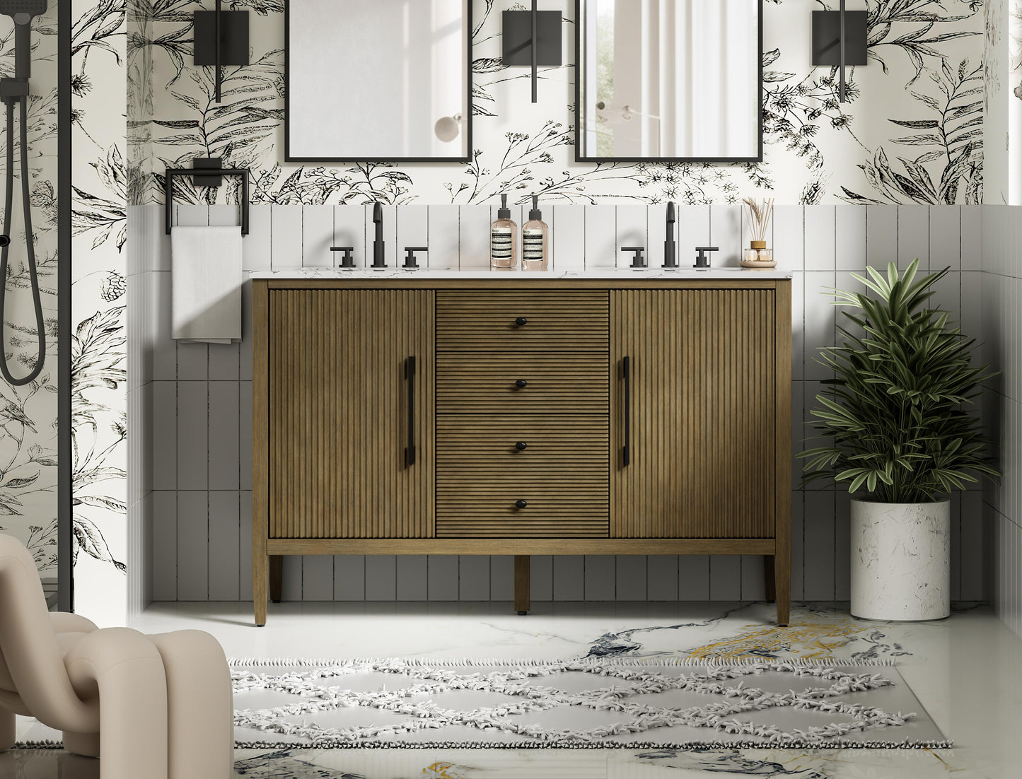 54 inch Double Bathroom Vanity in Hazel Oak