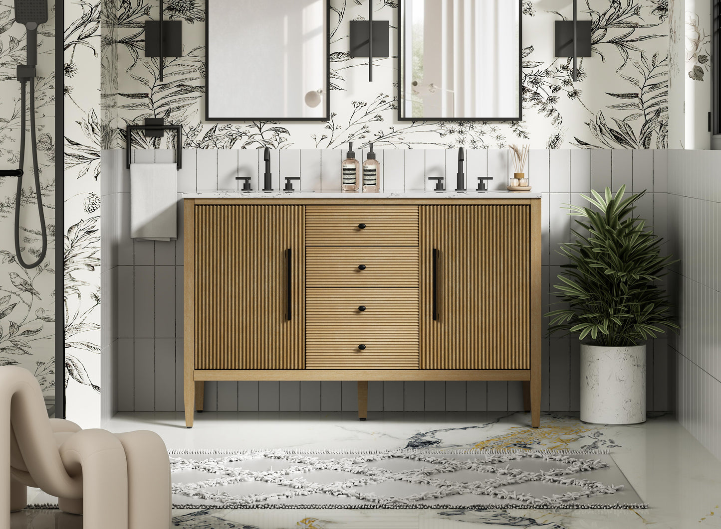 54 inch Double Bathroom Vanity in Linen Oak