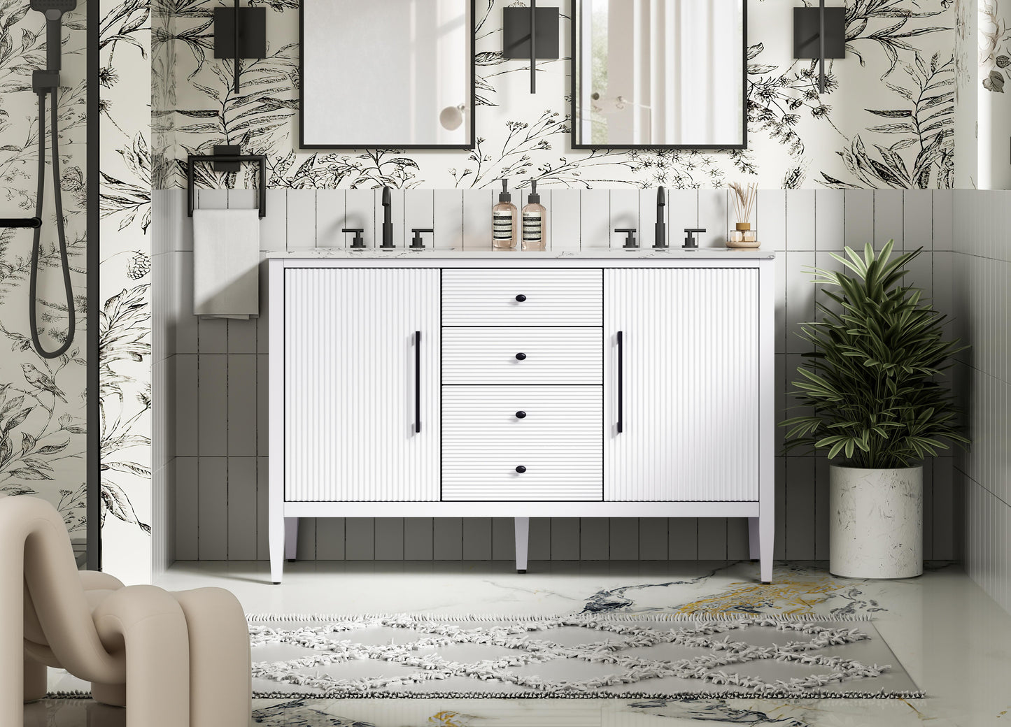 54 inch Double Bathroom Vanity in White