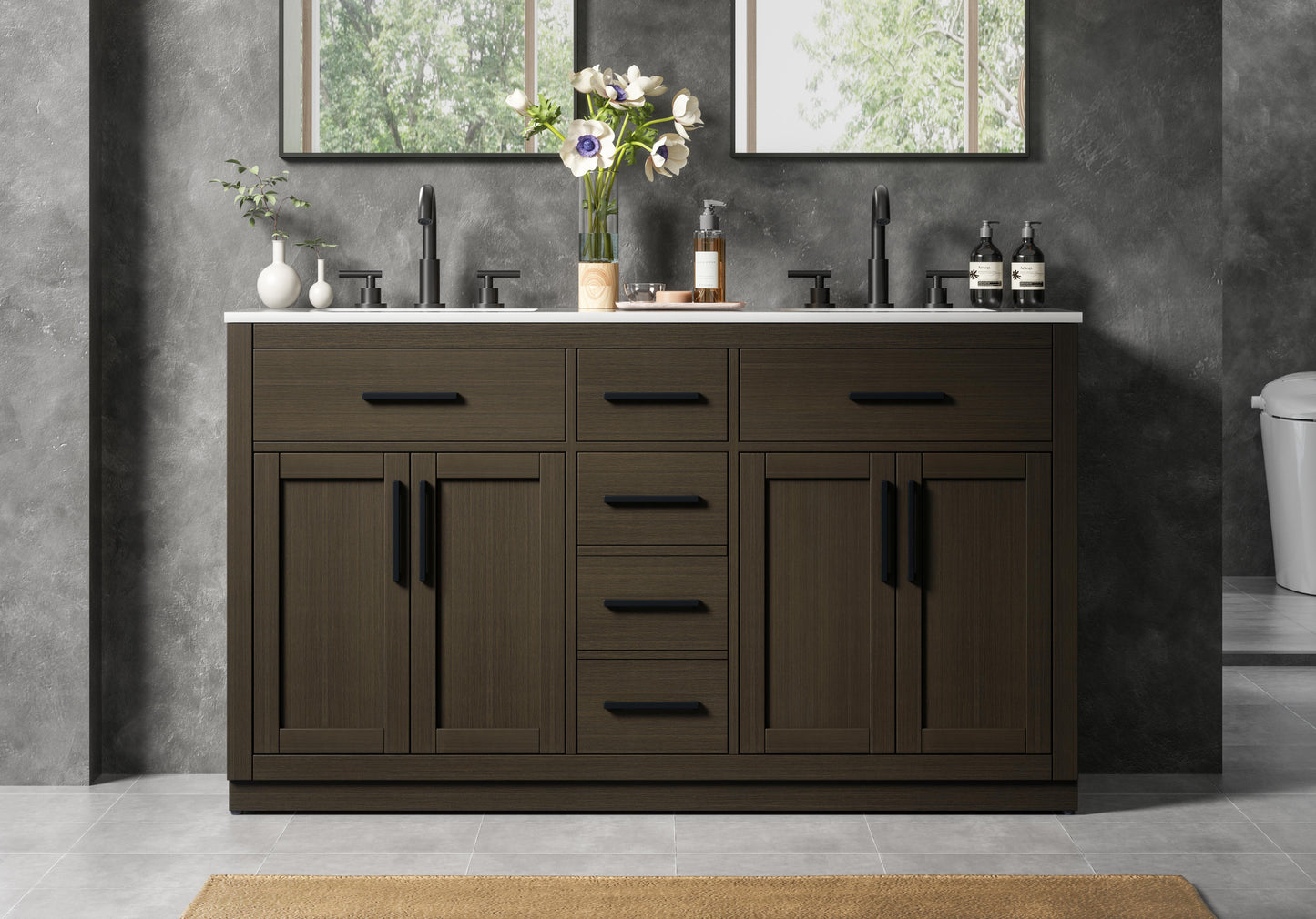 Alden 60 inch Double Bathroom Vanity in Mocha Brown