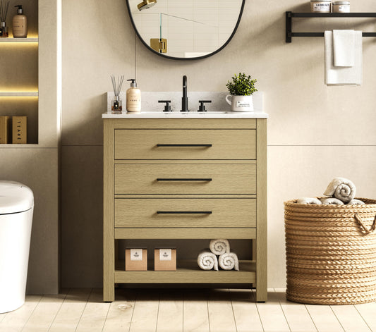 30 inch Single Bathroom Vanity in Honey Brown with backsplash