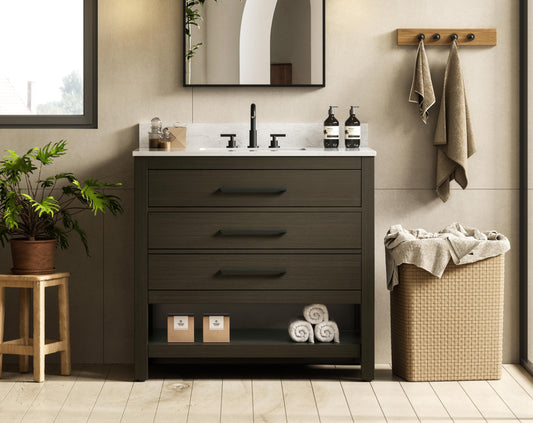 36 inch Single Bathroom Vanity in Mocha Brown with backsplash