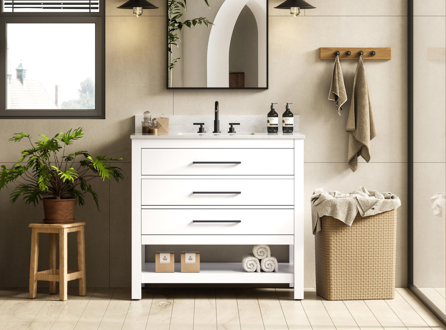 36 inch Single Bathroom Vanity in White with backsplash