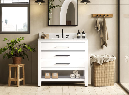 36 inch Single Bathroom Vanity in White with backsplash