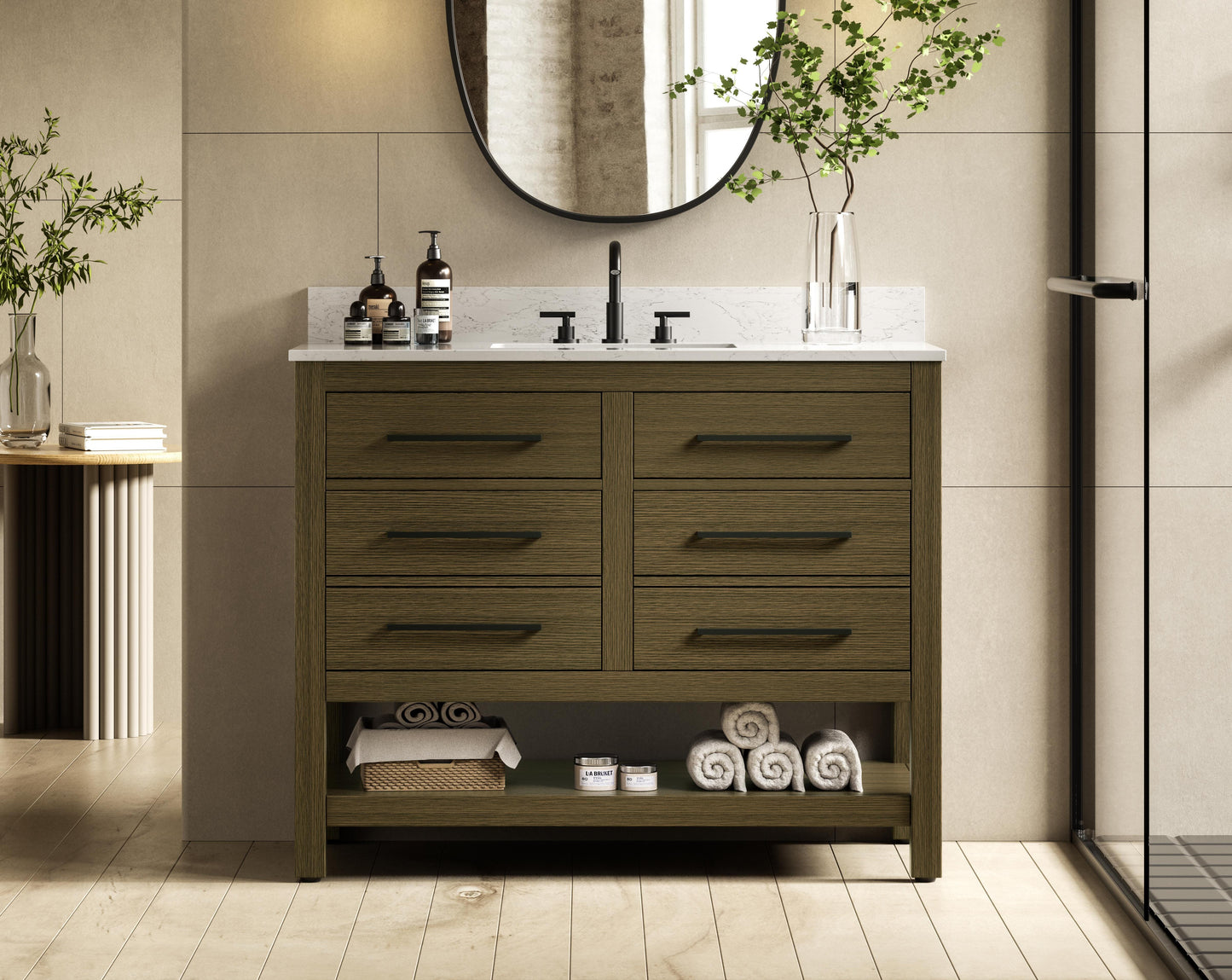 42 inch Single Bathroom Vanity in Chestnut Brown with backsplash