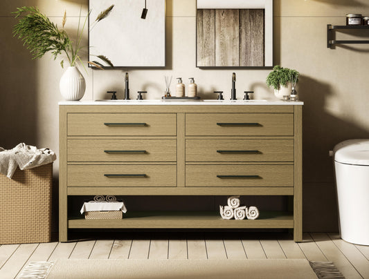 60 inch Double Bathroom Vanity in Honey Brown