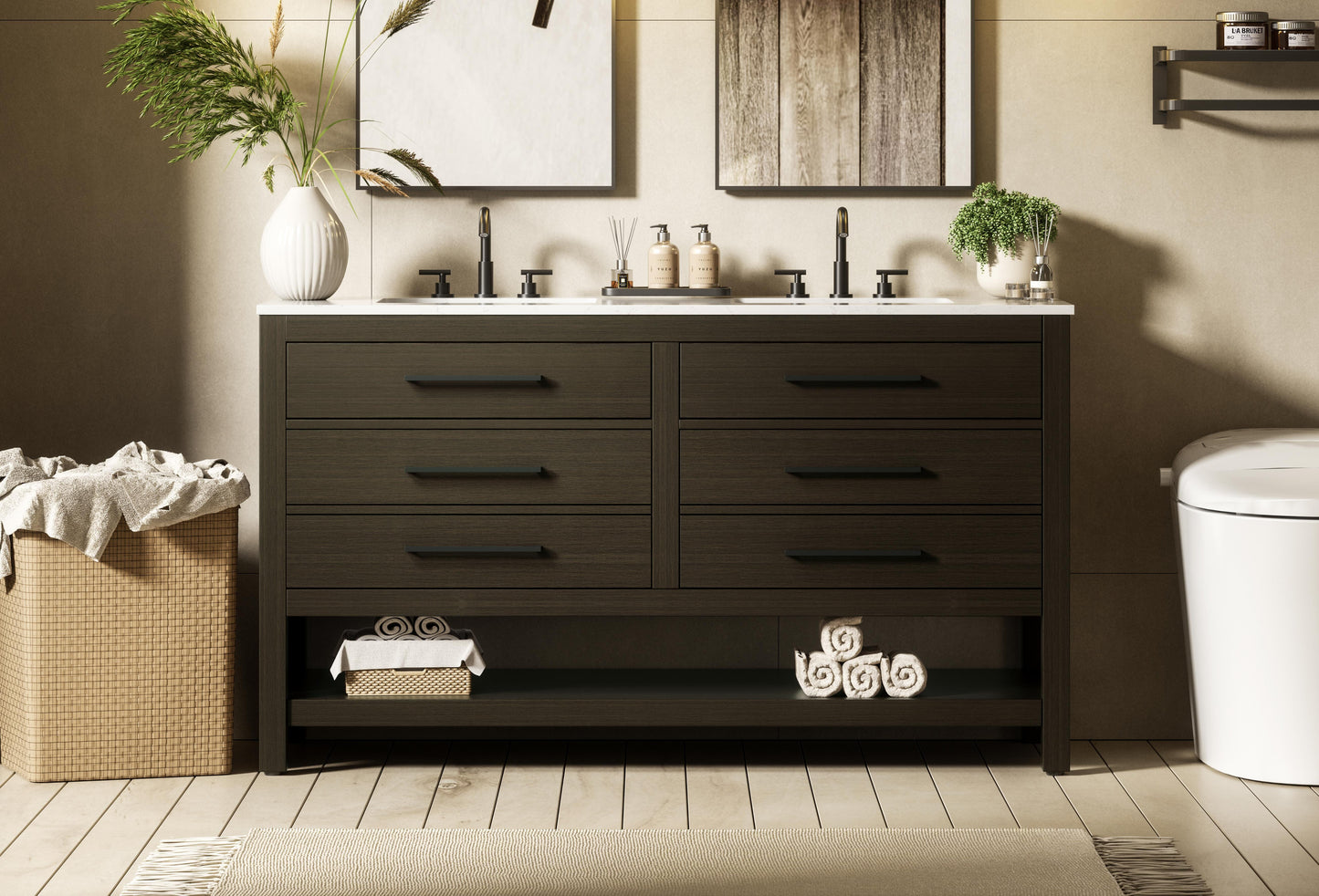 60 inch Double Bathroom Vanity in Mocha Brown