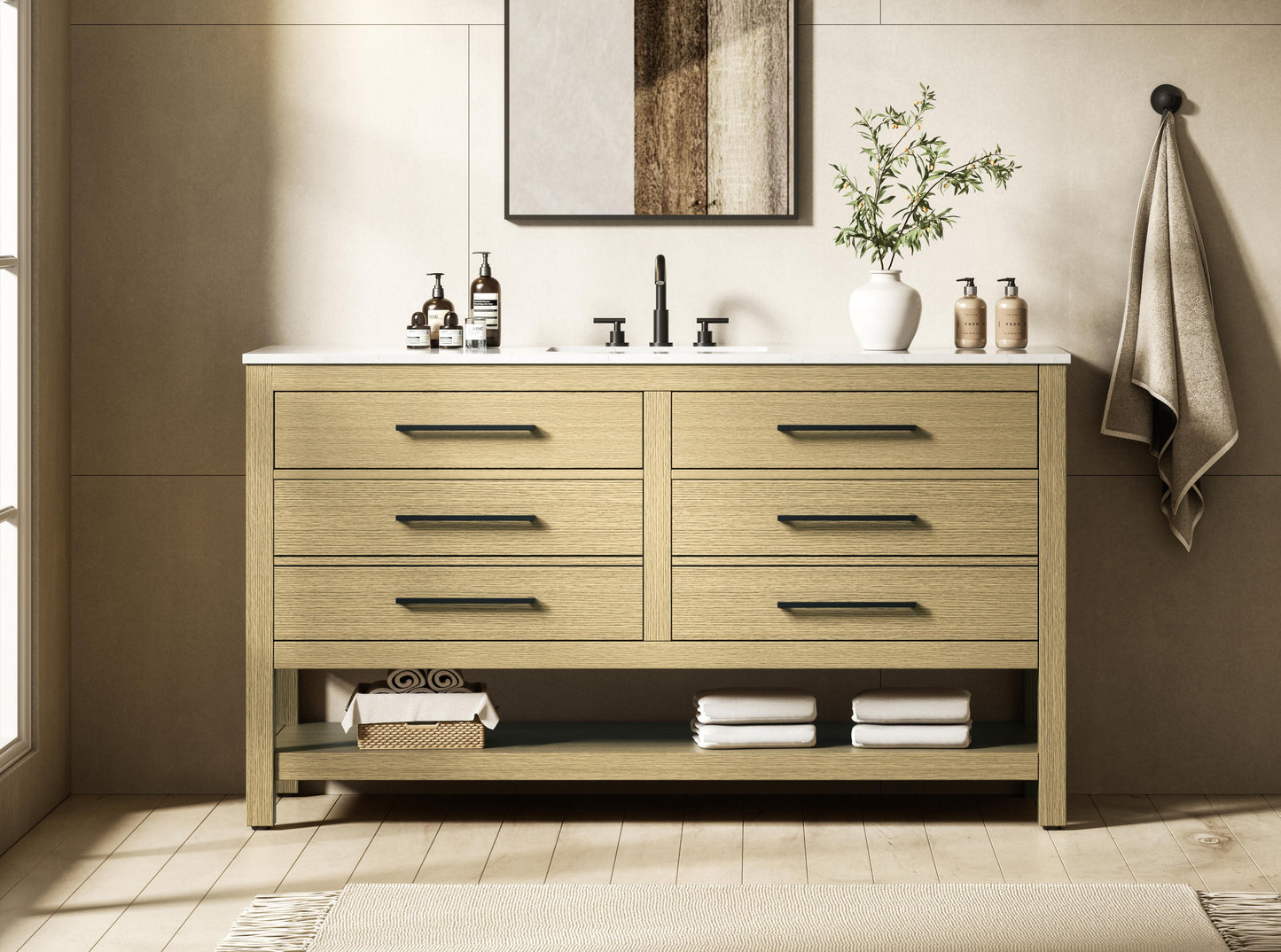 60 inch Single Bathroom Vanity in Honey Brown