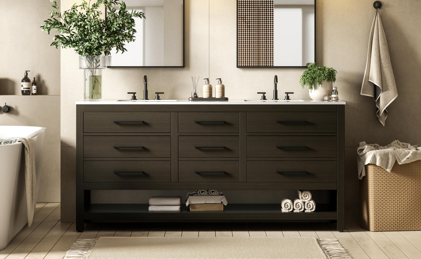 72 inch Double Bathroom Vanity in Mocha Brown