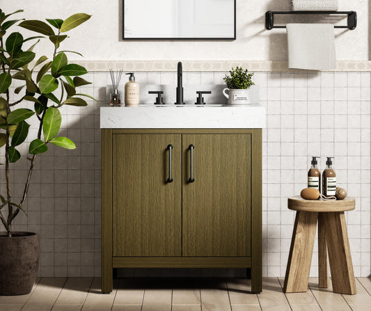 30 inch Single Bathroom Vanity In Chestnut Brown with backsplash