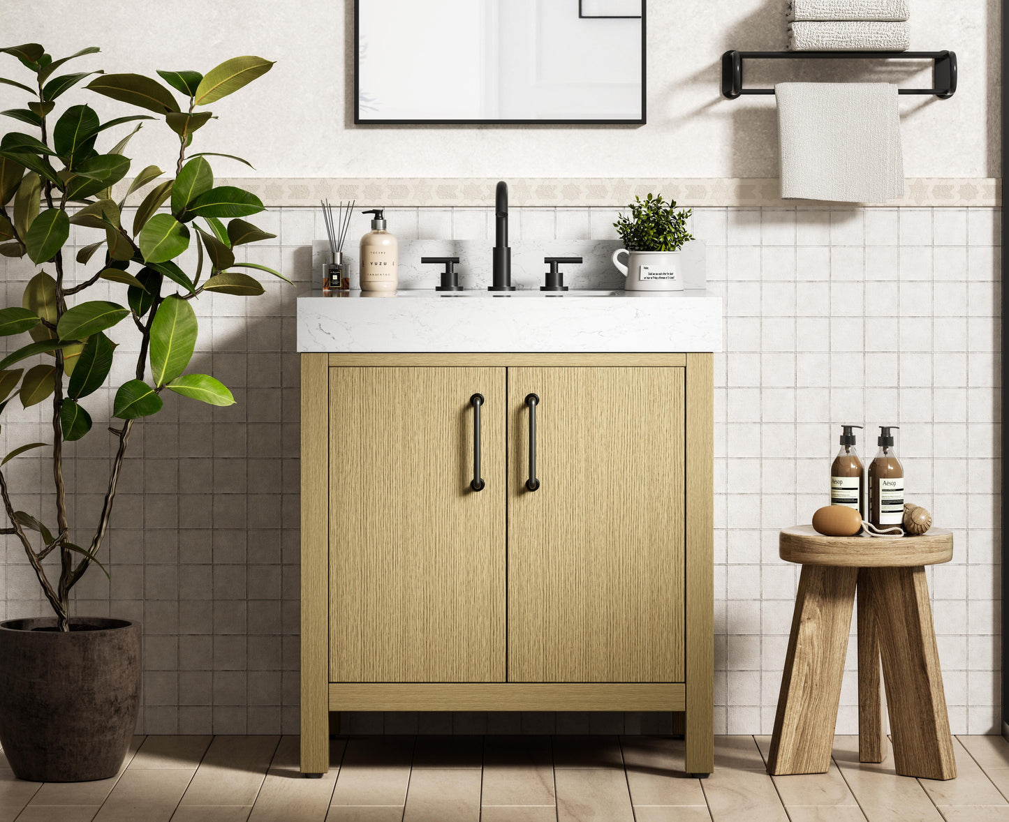 30 inch Single Bathroom Vanity In Honey Brown with backsplash
