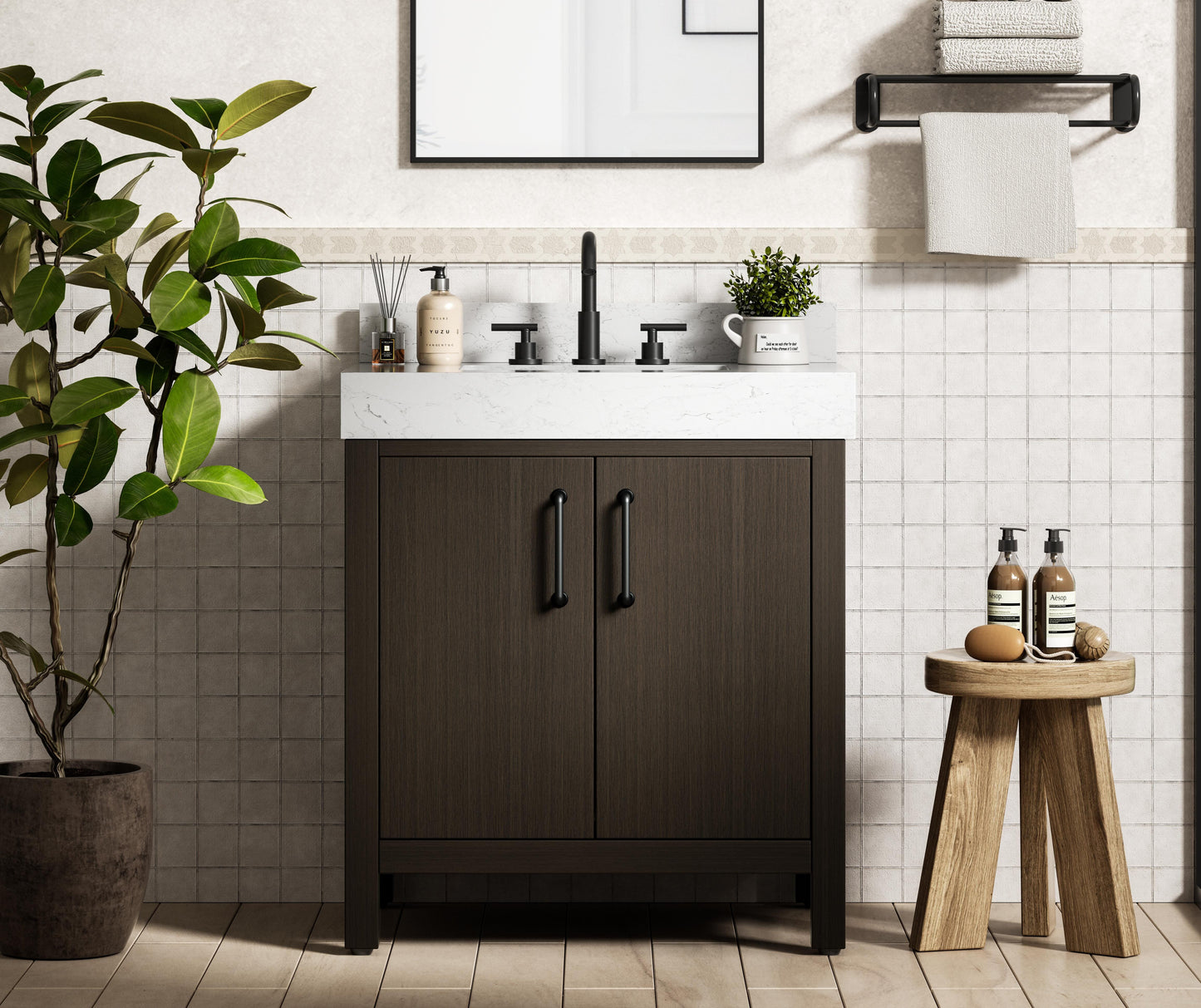 30 inch Single Bathroom Vanity In Mocha Brown with backsplash