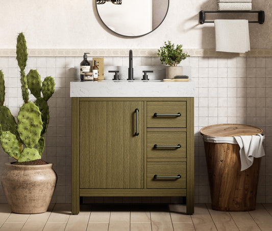 32 inch Single Bathroom Vanity In Chestnut Brown with backsplash