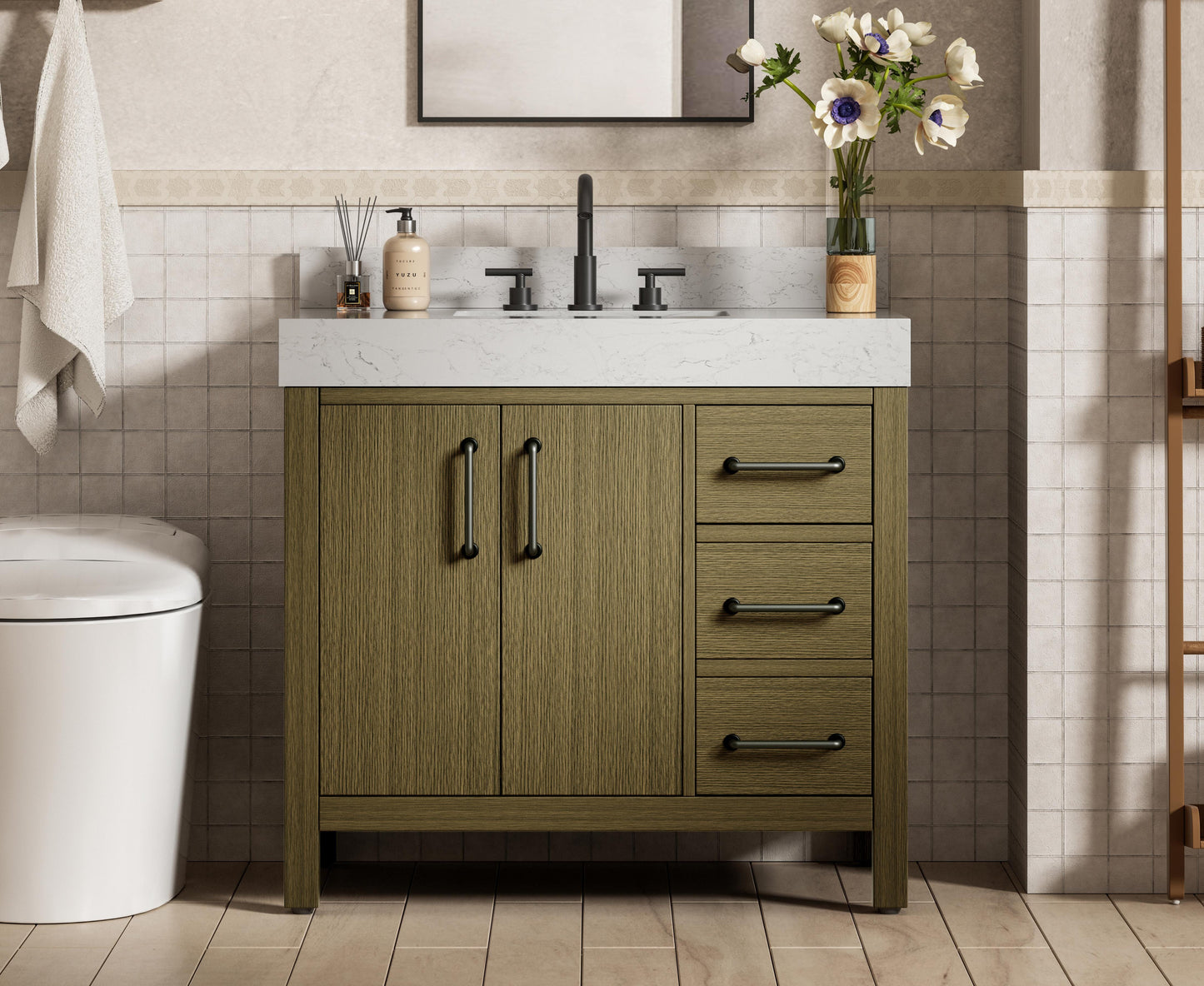 36 inch Single Bathroom Vanity In Chestnut Brown with backsplash