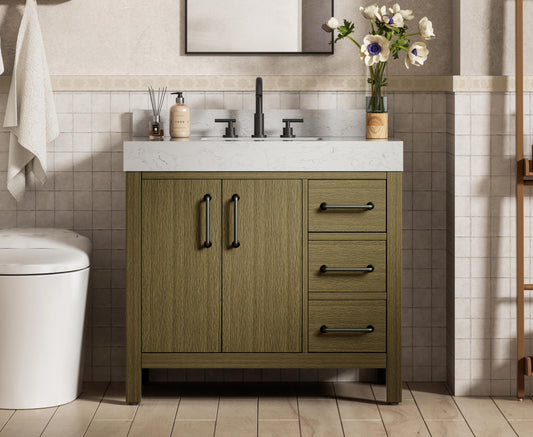 36 inch Single Bathroom Vanity In Chestnut Brown with backsplash