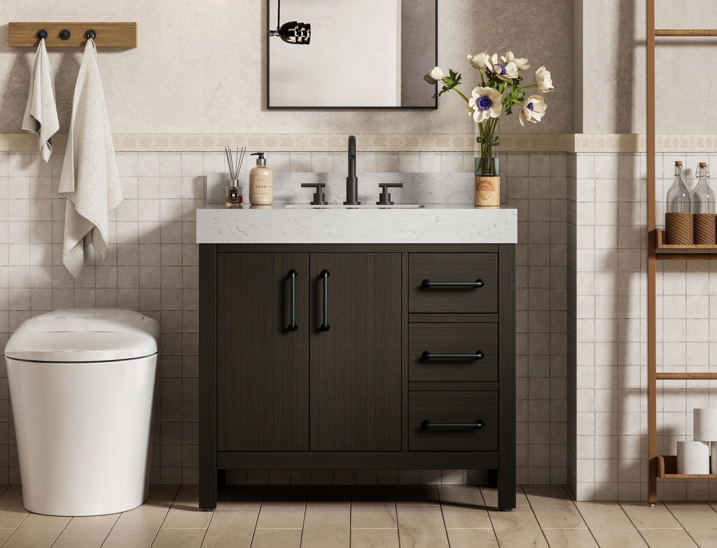 36 inch Single Bathroom Vanity In Mocha Brown with backsplash