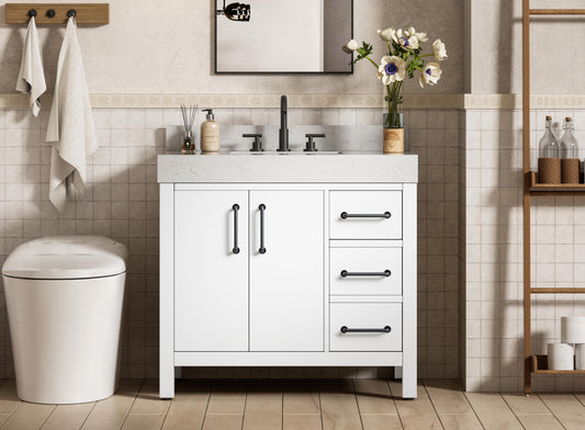 36 inch Single Bathroom Vanity In White with backsplash