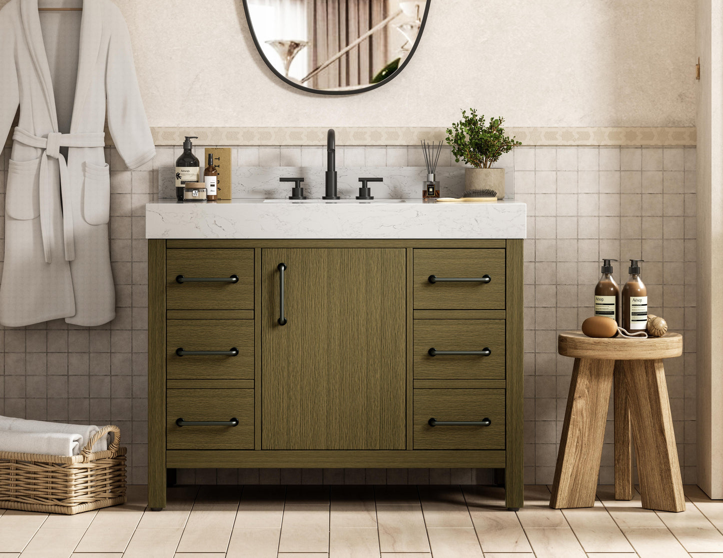 42 inch Single Bathroom Vanity In Chestnut Brown with backsplash