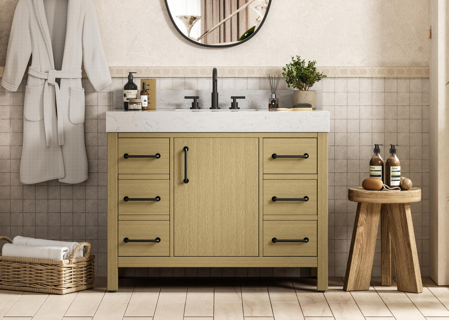 42 inch Single Bathroom Vanity In Honey Brown with backsplash