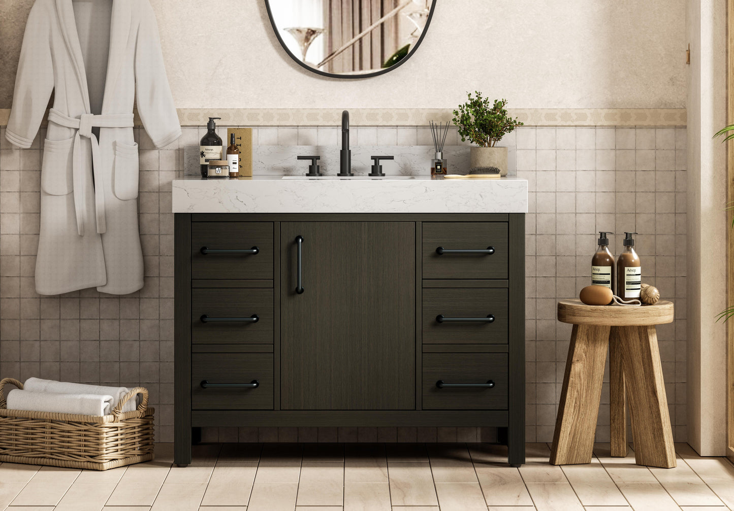 42 inch Single Bathroom Vanity In Mocha Brown with backsplash