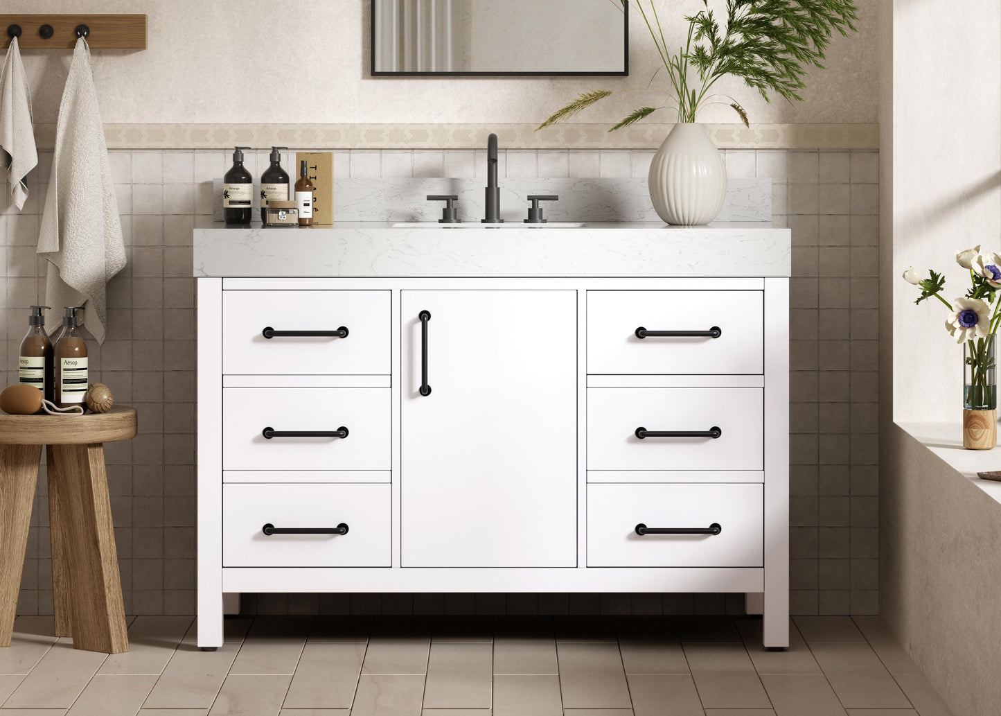 48 inch Single Bathroom Vanity In White with backsplash