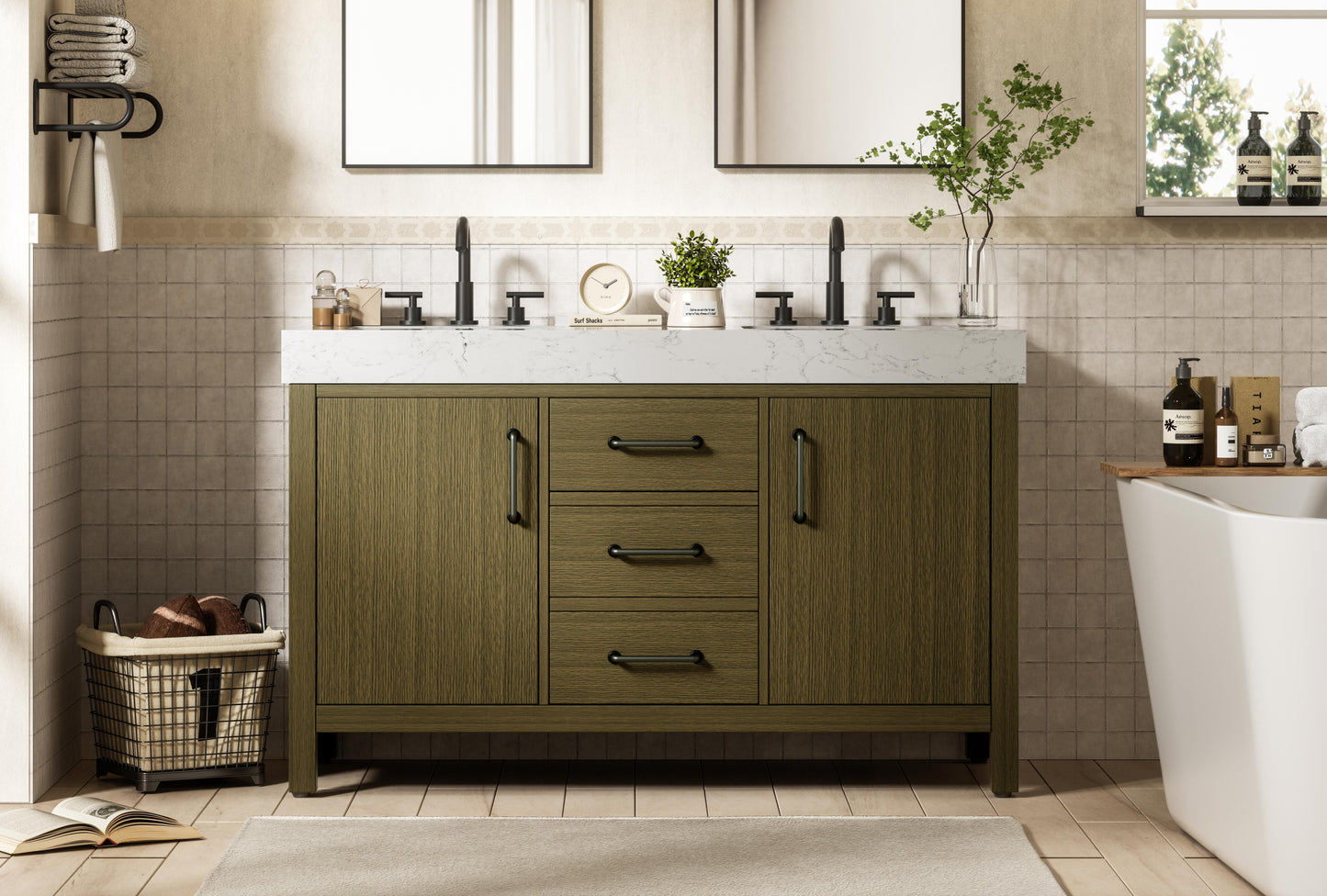 54 inch Double Bathroom Vanity In Chestnut Brown