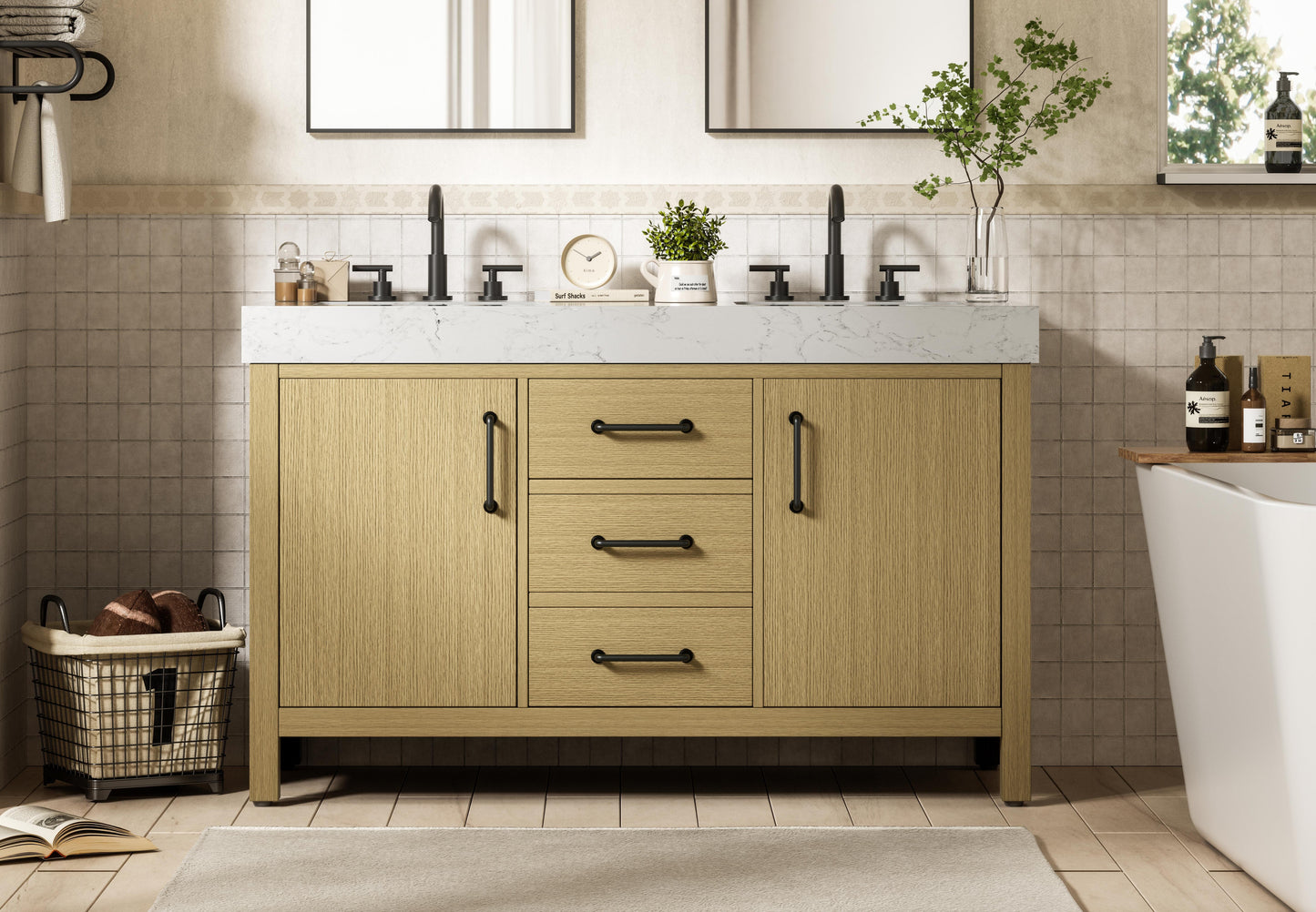 54 inch Double Bathroom Vanity In Honey Brown