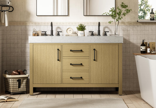 54 inch Double Bathroom Vanity In Honey Brown