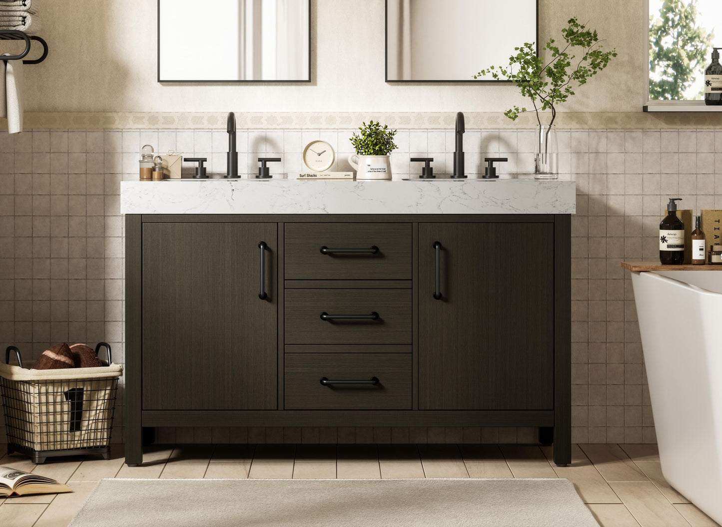 54 inch Double Bathroom Vanity In Mocha Brown