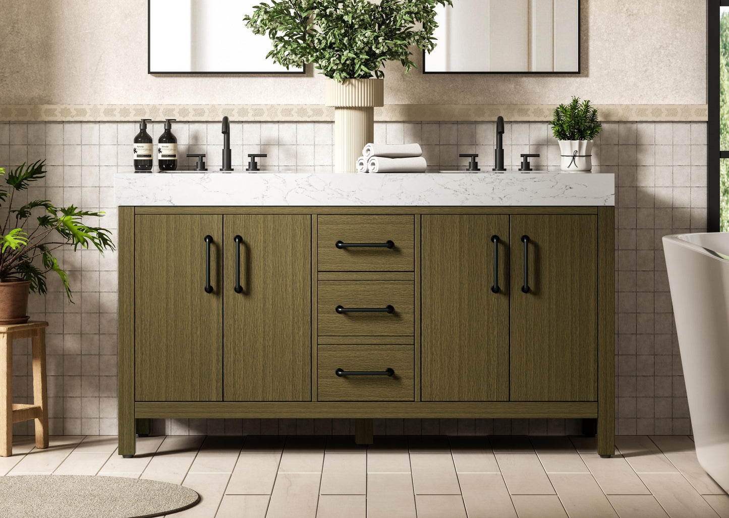 60 inch Double Bathroom Vanity In Chestnut Brown