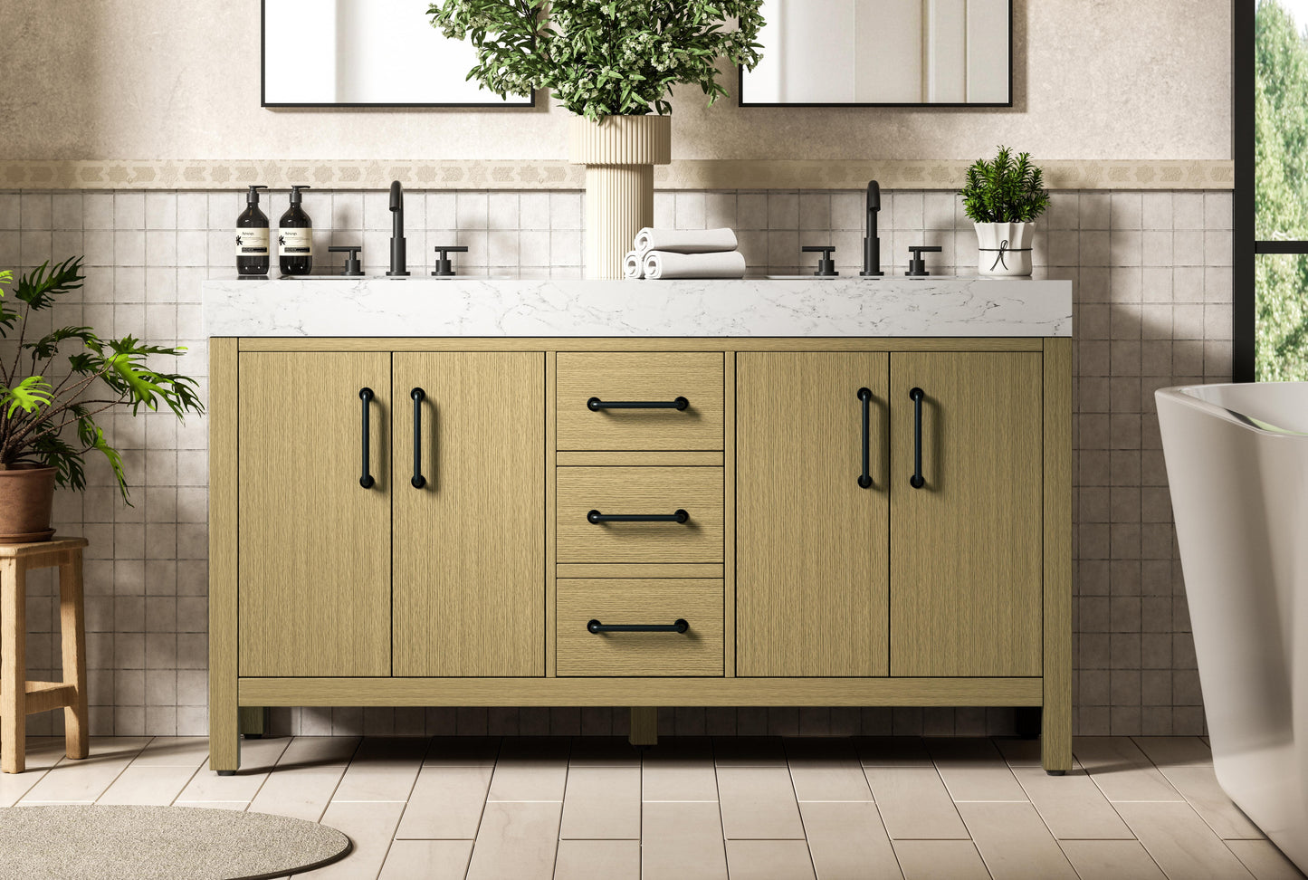 60 inch Double Bathroom Vanity In Honey Brown