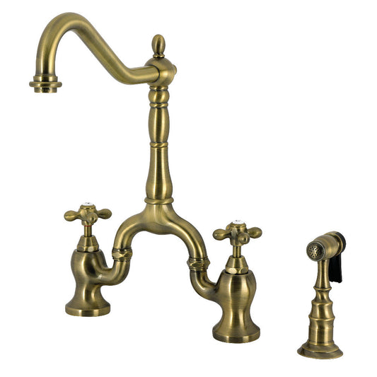 English Country Bridge Kitchen Faucet in Antique Brass